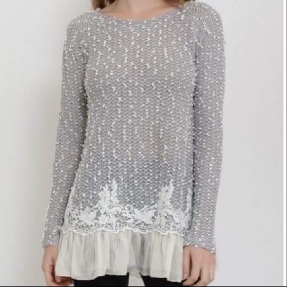 Lace and Ruffle Gray Feminine Sweater - Picture 4 of 6